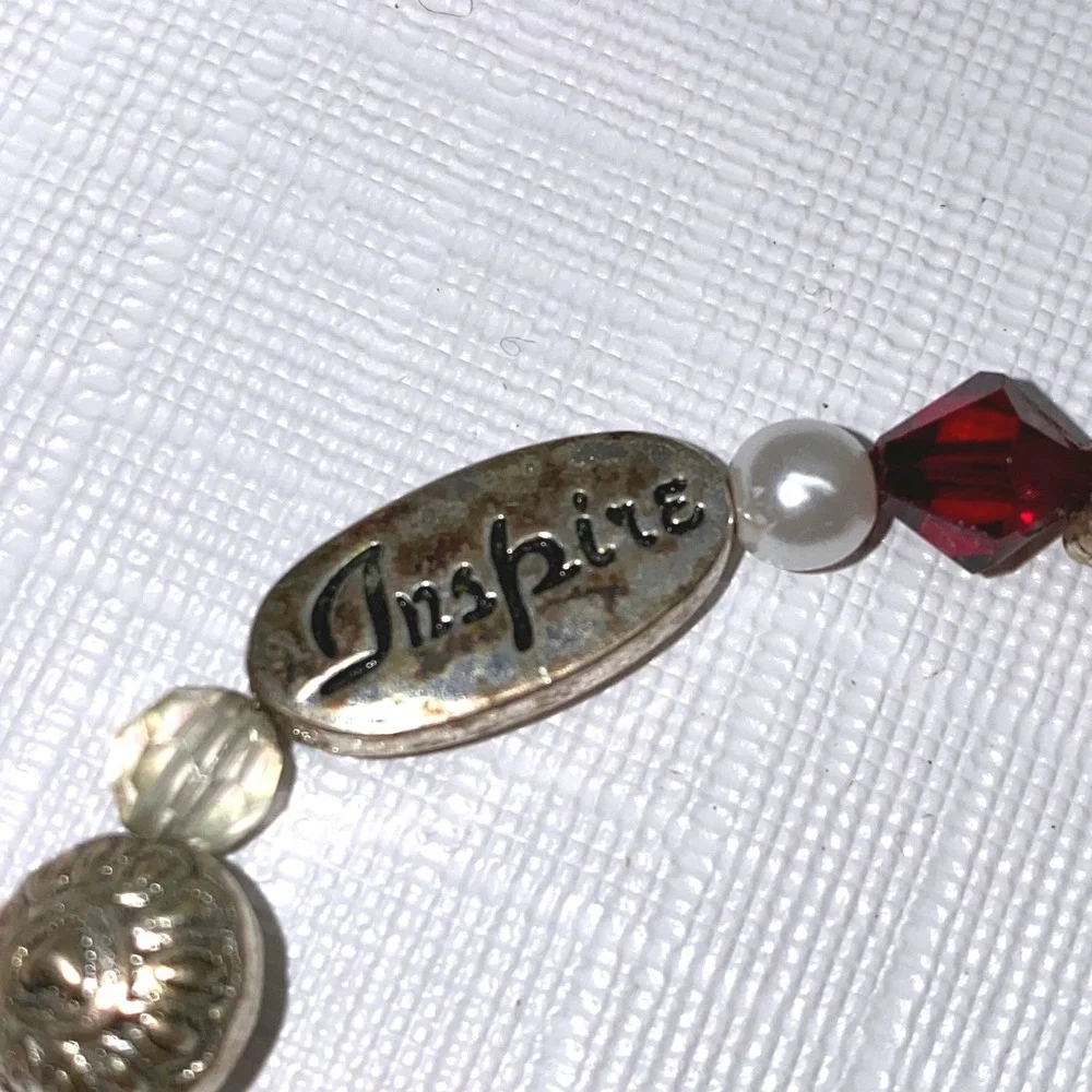 Teacher Inspire Wisdom Heart Charm Toggle Bracelet Silver Tone‎ Beads Red Gems